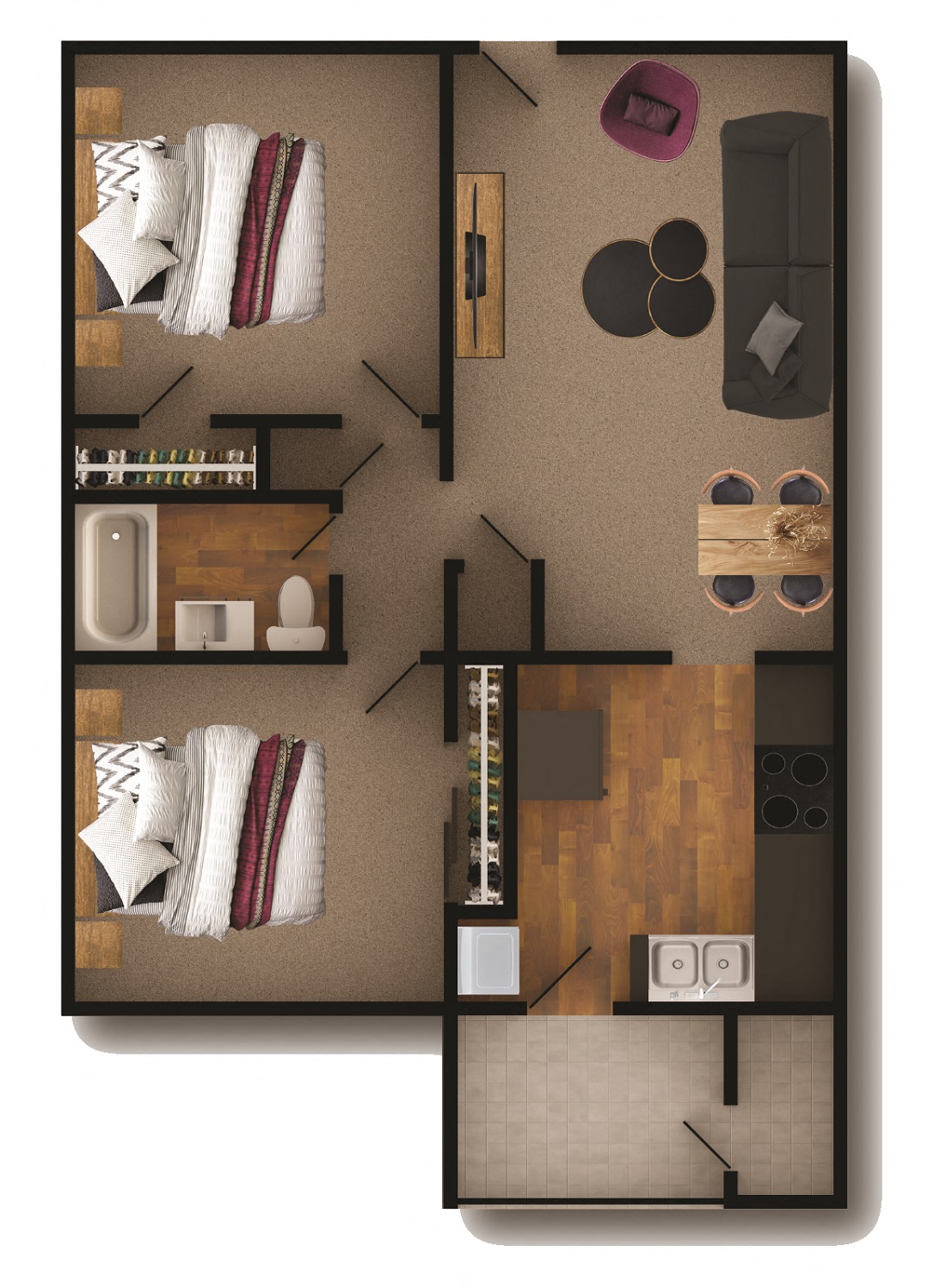 Floor plan for 2 beds, 1 bath, 800 sqft